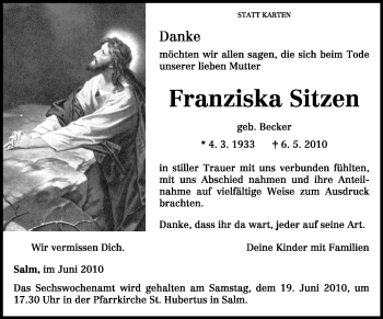 Traueranzeige von Franziska Sitzen von TRIERISCHER VOLKSFREUND