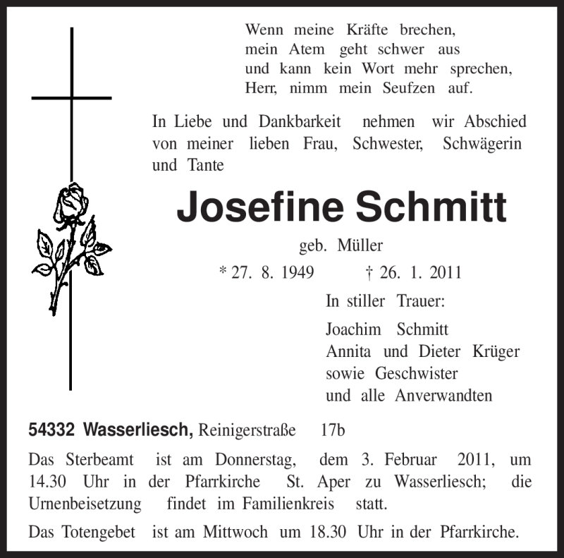  Traueranzeige für Josefine Schmitt vom 31.01.2011 aus TRIERISCHER VOLKSFREUND
