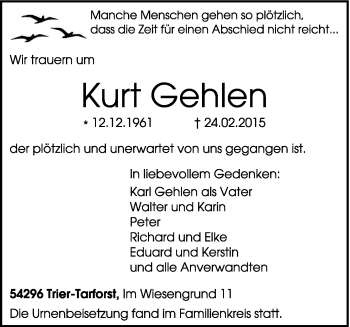 Traueranzeige von Kurt Gehlen von trierischer_volksfreund