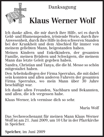 Traueranzeige von Klaus Werner Wolf von TRIERISCHER VOLKSFREUND