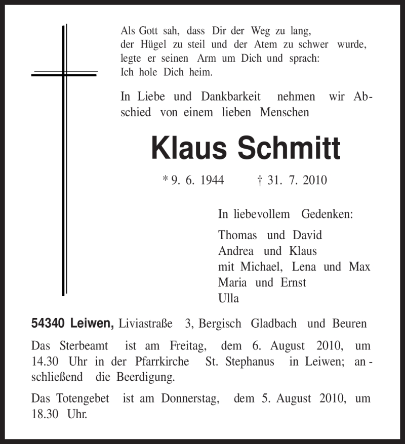  Traueranzeige für Klaus Schmitt vom 03.08.2010 aus TRIERISCHER VOLKSFREUND