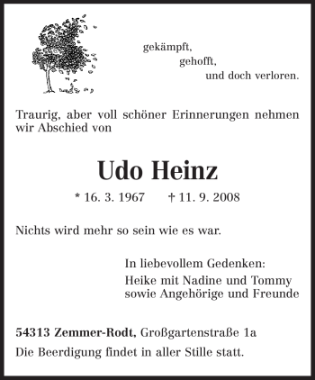 Traueranzeige von Udo Heinz von TRIERISCHER VOLKSFREUND