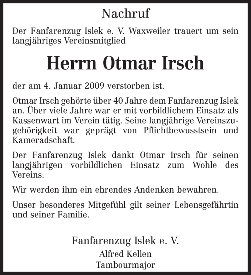  Traueranzeige für Otmar Irsch vom 07.01.2009 aus TRIERISCHER VOLKSFREUND