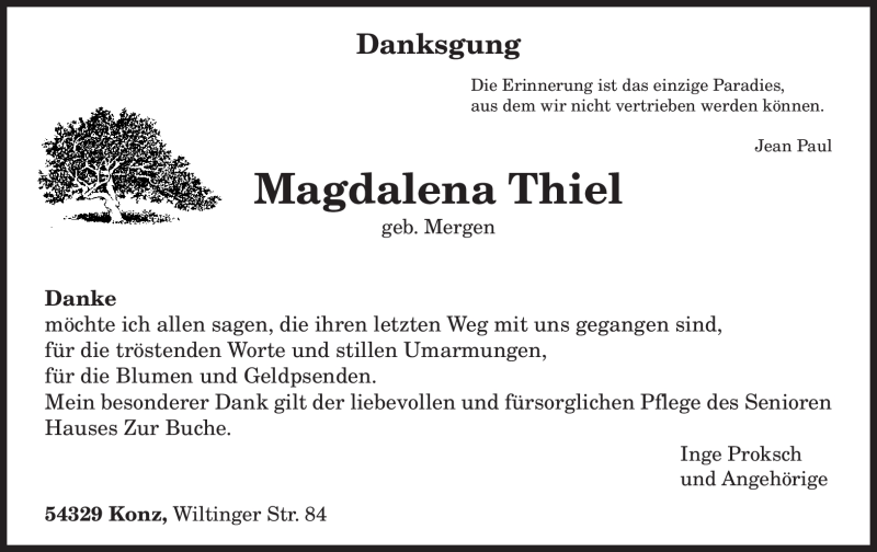  Traueranzeige für Magdalena Thiel vom 07.08.2010 aus TRIERISCHER VOLKSFREUND