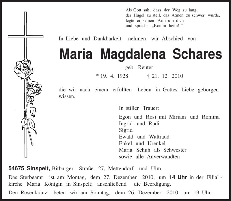  Traueranzeige für Maria Magdalena Schares vom 24.12.2010 aus TRIERISCHER VOLKSFREUND