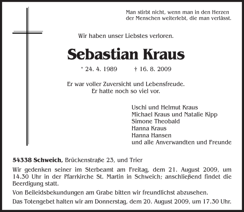  Traueranzeige für Sebastian Kraus vom 18.08.2009 aus TRIERISCHER VOLKSFREUND