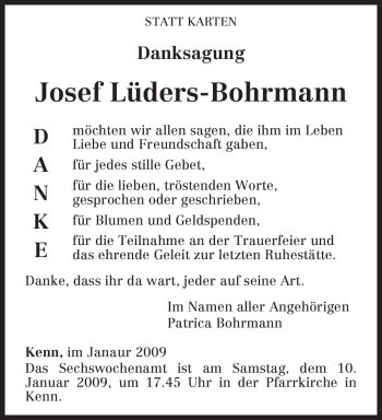 Traueranzeige von Josef Lüders-Bohrmann von TRIERISCHER VOLKSFREUND