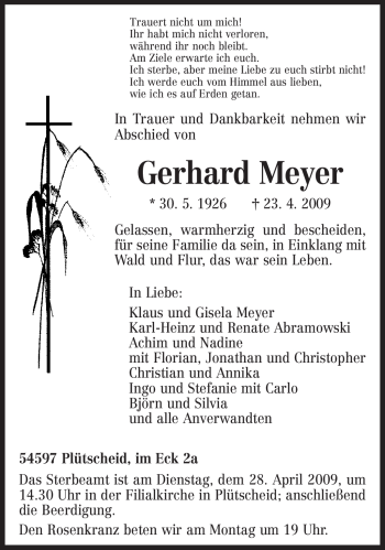 Traueranzeige von Gerhard Meyer von TRIERISCHER VOLKSFREUND