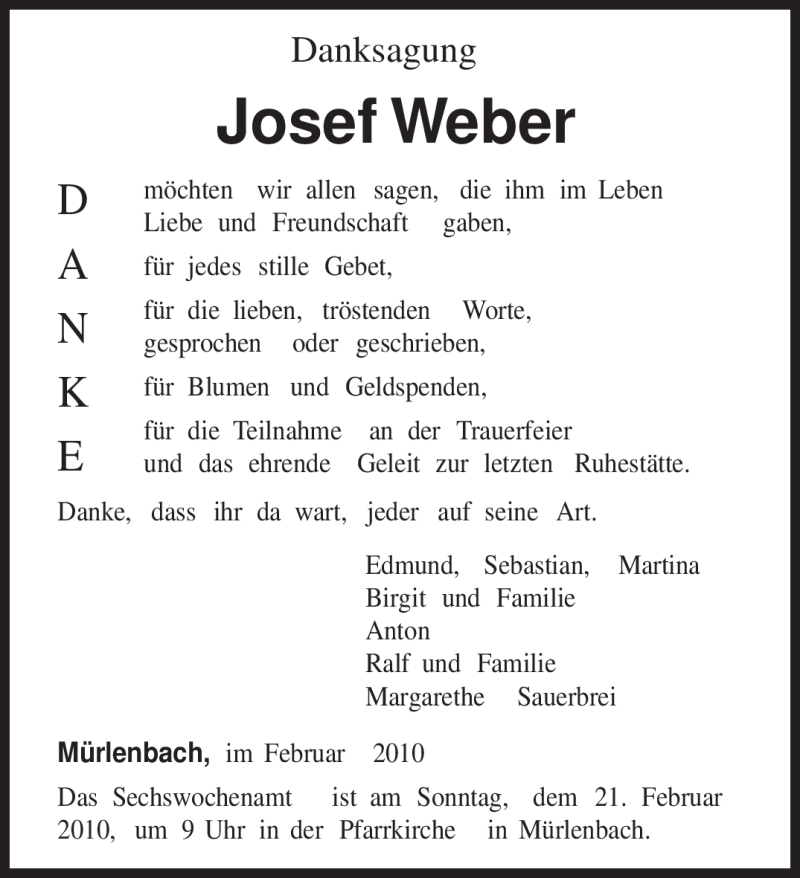  Traueranzeige für Josef Weber vom 13.02.2010 aus TRIERISCHER VOLKSFREUND