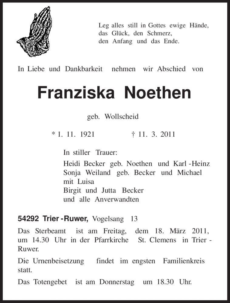  Traueranzeige für Franziska Noethen vom 12.03.2011 aus TRIERISCHER VOLKSFREUND