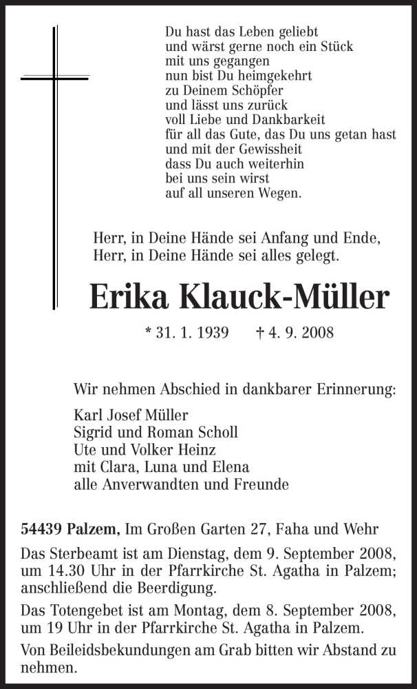  Traueranzeige für Erika Klauck-Müller vom 06.09.2008 aus TRIERISCHER VOLKSFREUND