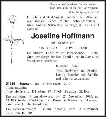 Traueranzeige von Josefine Hoffmann von TRIERISCHER VOLKSFREUND