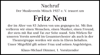 Traueranzeige von Fritz Neu von trierischer_volksfreund