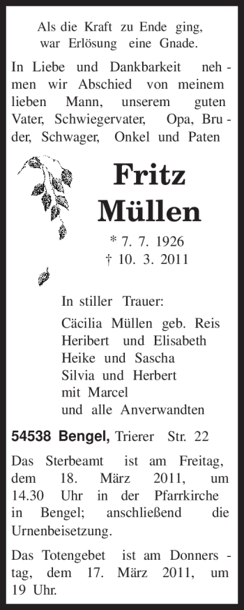 Traueranzeige von Fritz Müllen von TRIERISCHER VOLKSFREUND