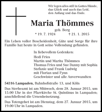 Traueranzeige von Maria Thömmes von trierischer_volksfreund