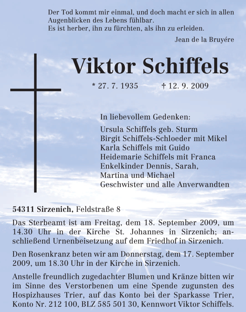 Traueranzeige für Viktor Schiffels vom 16.09.2009 aus TRIERISCHER VOLKSFREUND