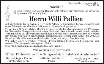 Traueranzeige von Willi Pallien von TRIERISCHER VOLKSFREUND