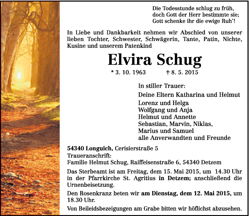  Traueranzeige für Elvira Schug vom 11.05.2015 aus trierischer_volksfreund