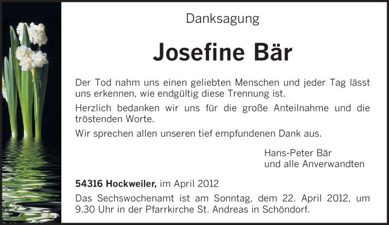  Traueranzeige für Josefine Bär vom 21.04.2012 aus TRIERISCHER VOLKSFREUND