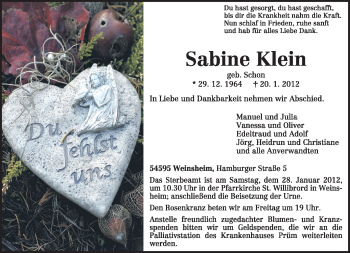 Traueranzeige von Sabine Klein von TRIERISCHER VOLKSFREUND