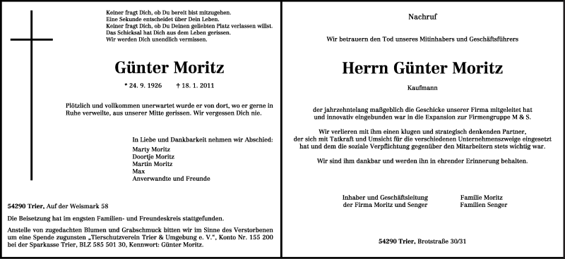  Traueranzeige für Günter Moritz vom 26.01.2011 aus TRIERISCHER VOLKSFREUND