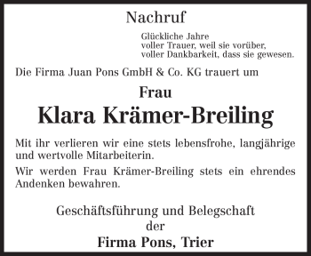 Traueranzeige von Klara Krämer-Breiling von TRIERISCHER VOLKSFREUND