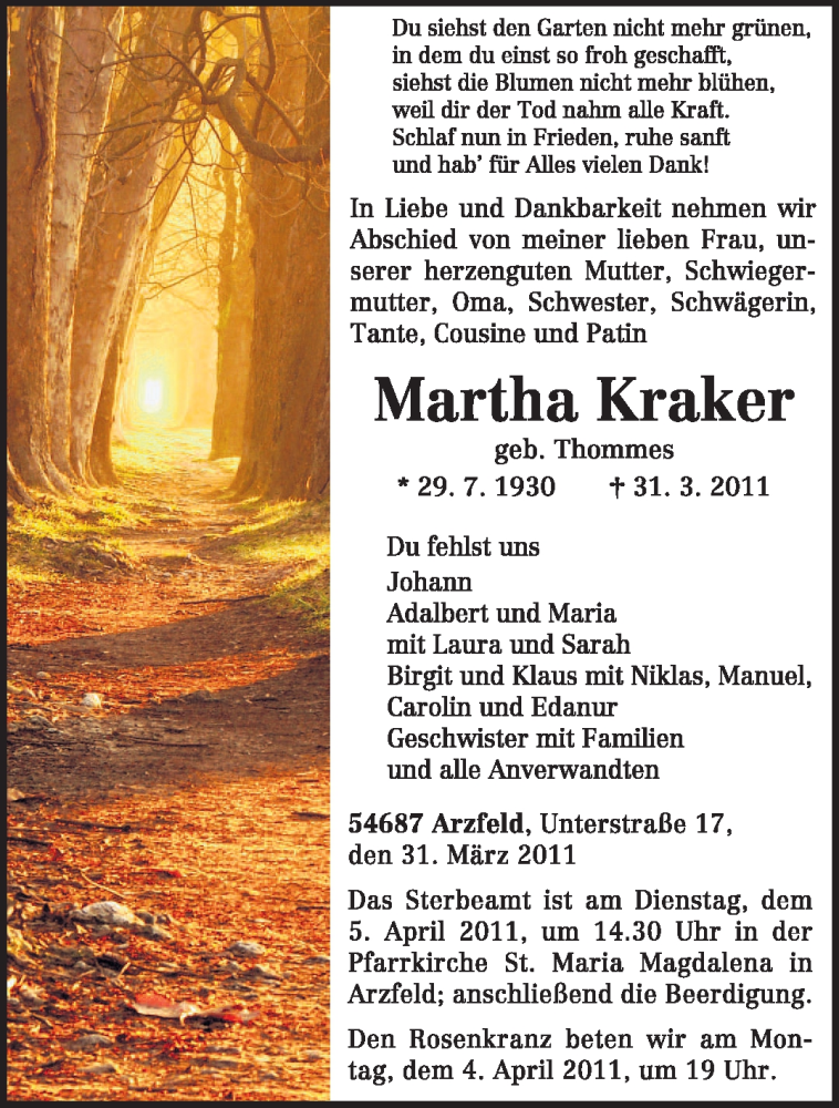  Traueranzeige für Martha Kraker vom 02.04.2011 aus TRIERISCHER VOLKSFREUND