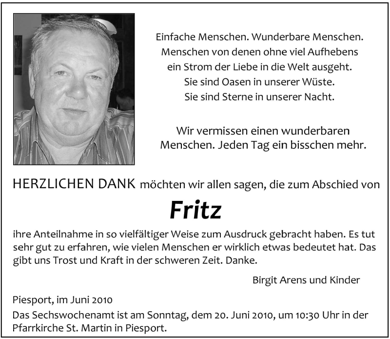  Traueranzeige für Fritz Arens vom 15.06.2010 aus TRIERISCHER VOLKSFREUND