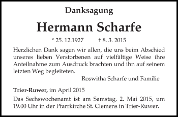 Traueranzeige von Hermann Scharfe von trierischer_volksfreund