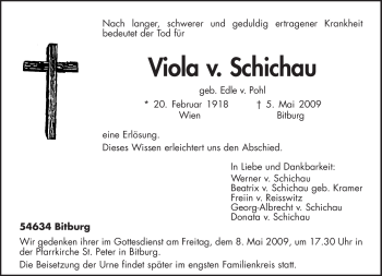 Traueranzeige von Viola von Schichau von TRIERISCHER VOLKSFREUND