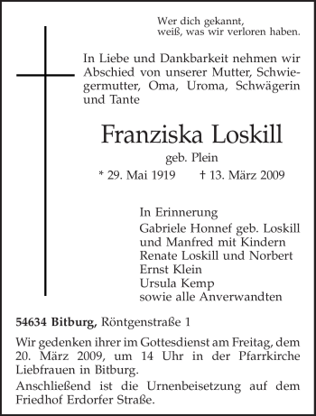 Traueranzeige von Franziska Loskill von TRIERISCHER VOLKSFREUND
