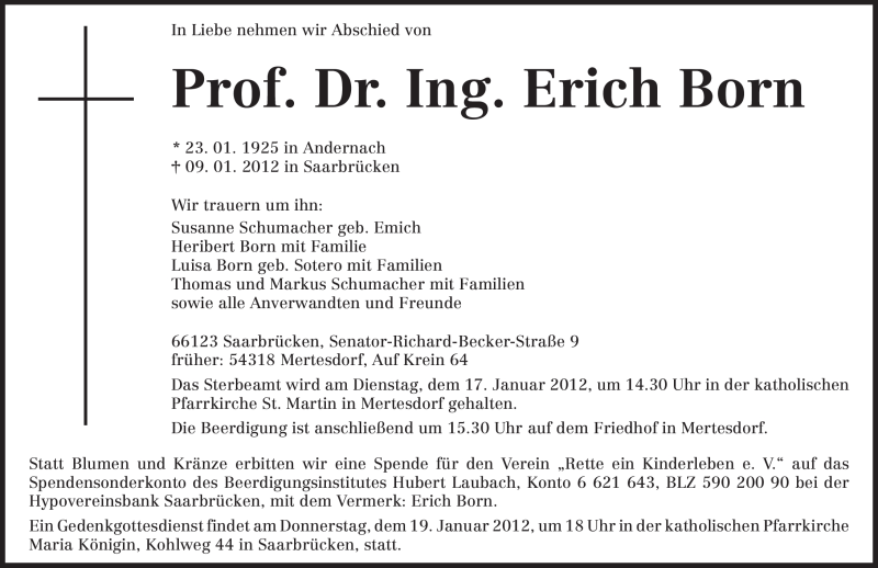  Traueranzeige für Erich Born vom 13.01.2012 aus TRIERISCHER VOLKSFREUND