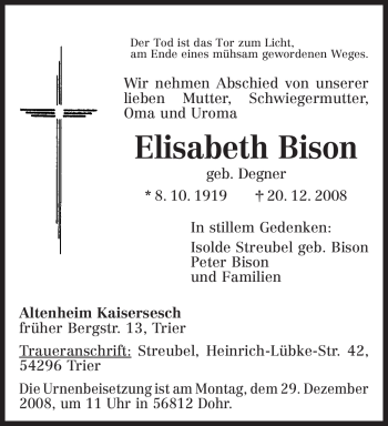 Traueranzeige von Elisabeth Bison von TRIERISCHER VOLKSFREUND