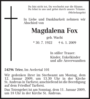 Traueranzeige von Magdalena Fox von TRIERISCHER VOLKSFREUND
