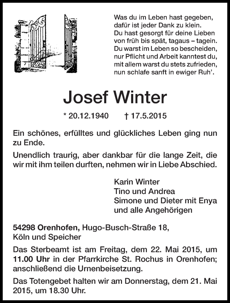  Traueranzeige für Josef Winter vom 20.05.2015 aus trierischer_volksfreund