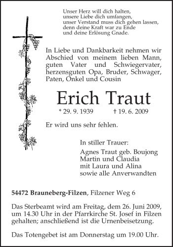 Traueranzeige von Erich Traut von TRIERISCHER VOLKSFREUND