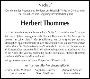 Traueranzeige von Herbert Thommes von trierischer_volksfreund