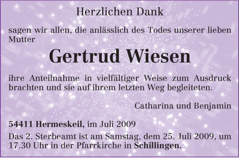 Traueranzeige für Gertrud Wiesen vom 22.07.2009 aus TRIERISCHER VOLKSFREUND