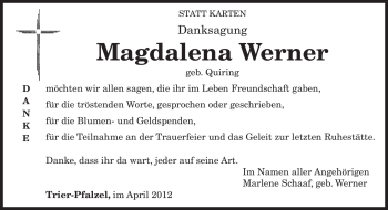 Traueranzeige von Magdalena Werner von TRIERISCHER VOLKSFREUND