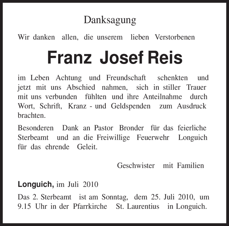 Traueranzeige für Franz Josef Reis vom 22.07.2010 aus TRIERISCHER VOLKSFREUND