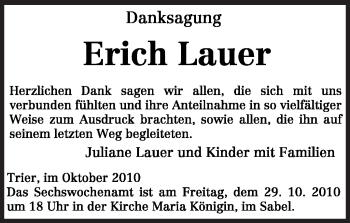 Traueranzeige von Erich Lauer von TRIERISCHER VOLKSFREUND