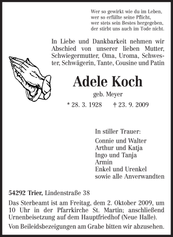 Traueranzeige von Adele Koch von TRIERISCHER VOLKSFREUND