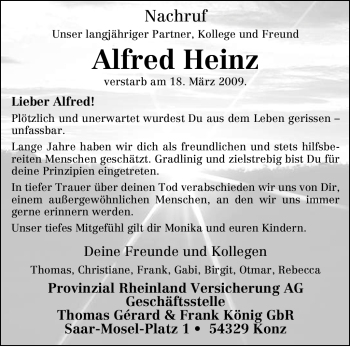 Traueranzeige von Alfred Heinz von TRIERISCHER VOLKSFREUND