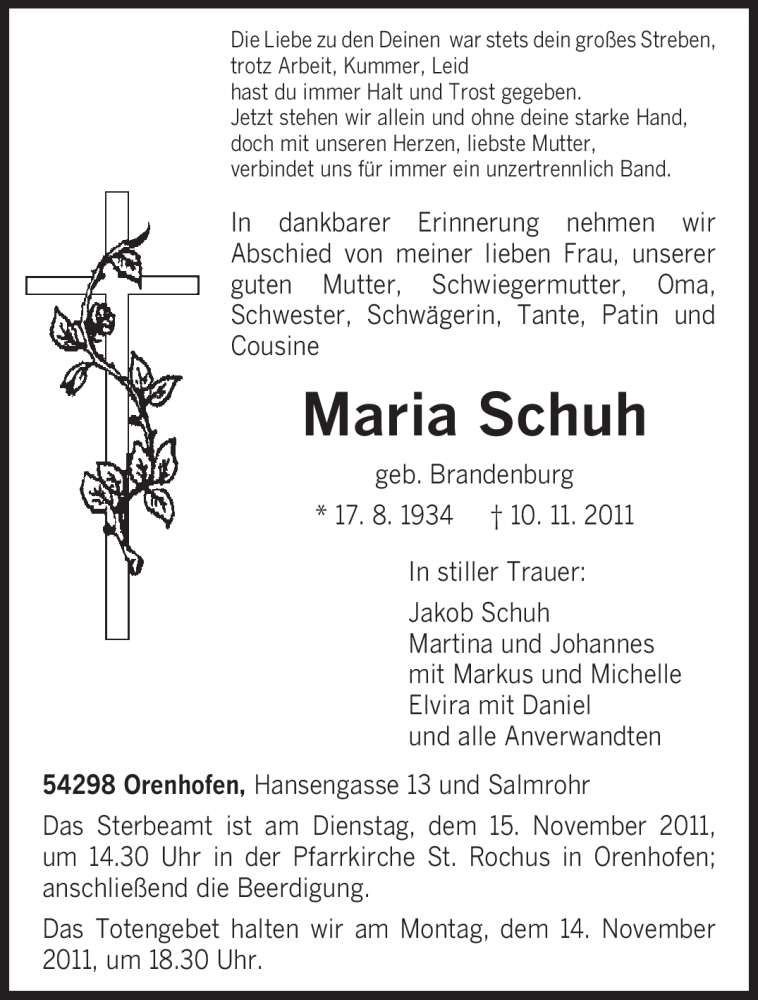  Traueranzeige für Maria Schuh vom 12.11.2011 aus TRIERISCHER VOLKSFREUND