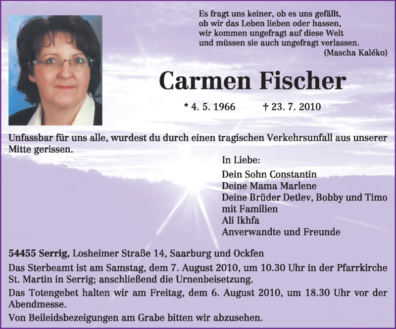  Traueranzeige für Carmen Fischer vom 31.07.2010 aus TRIERISCHER VOLKSFREUND