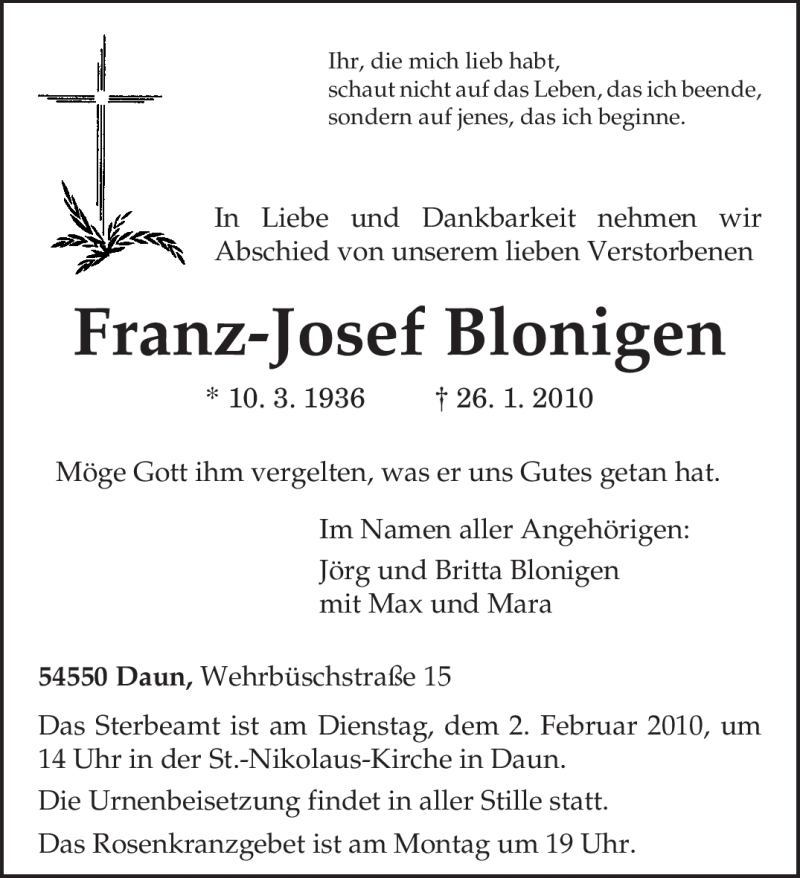  Traueranzeige für Franz-Josef Blonigen vom 30.01.2010 aus TRIERISCHER VOLKSFREUND