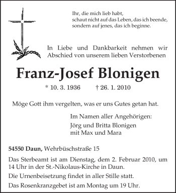 Traueranzeige von Franz-Josef Blonigen von TRIERISCHER VOLKSFREUND
