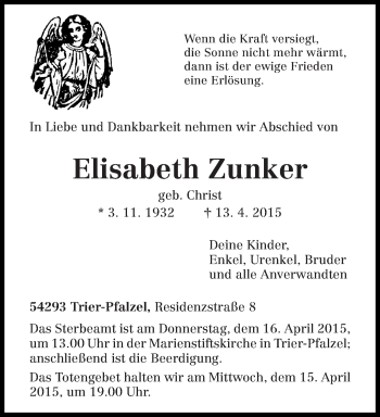 Traueranzeige von Elisabeth Zunker von trierischer_volksfreund
