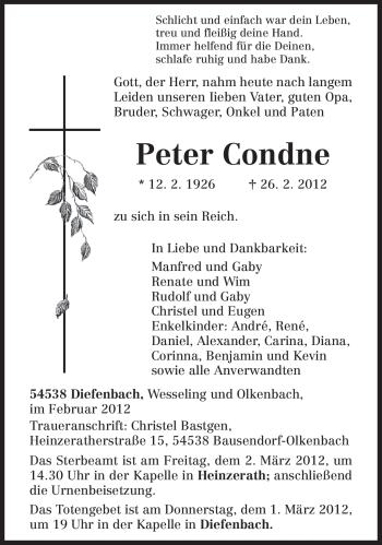 Traueranzeige von Peter Condne von TRIERISCHER VOLKSFREUND
