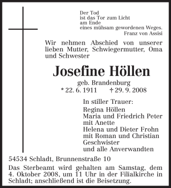 Traueranzeige von Josefine Höllen von TRIERISCHER VOLKSFREUND